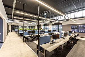 Open plan office with staff hot desks