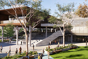 Conceptual drawing of Building C façade showing external landscaping and courtyard