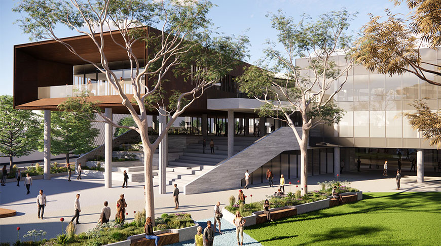 Conceptual drawing of Building C façade showing external landscaping and courtyard