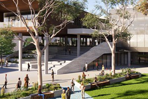 Conceptual drawing of Building C façade showing external landscaping and courtyard